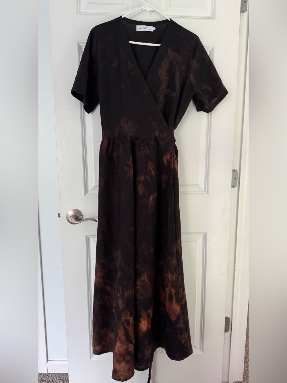 Hand dyed OOAK 100% linen Mantaikotai Wrap Maxi Dress in Black and Brown NWOT - Picture 2 of 9
